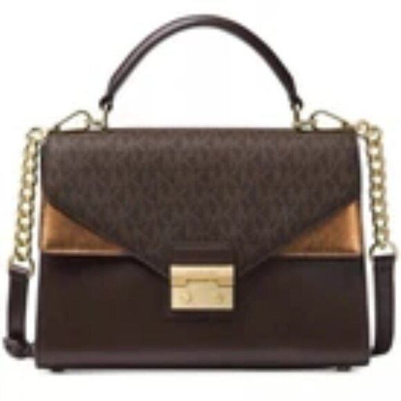 Michael Kors Sloan Brown Signature Canvas Leather Satchel - Picture 1 of 16